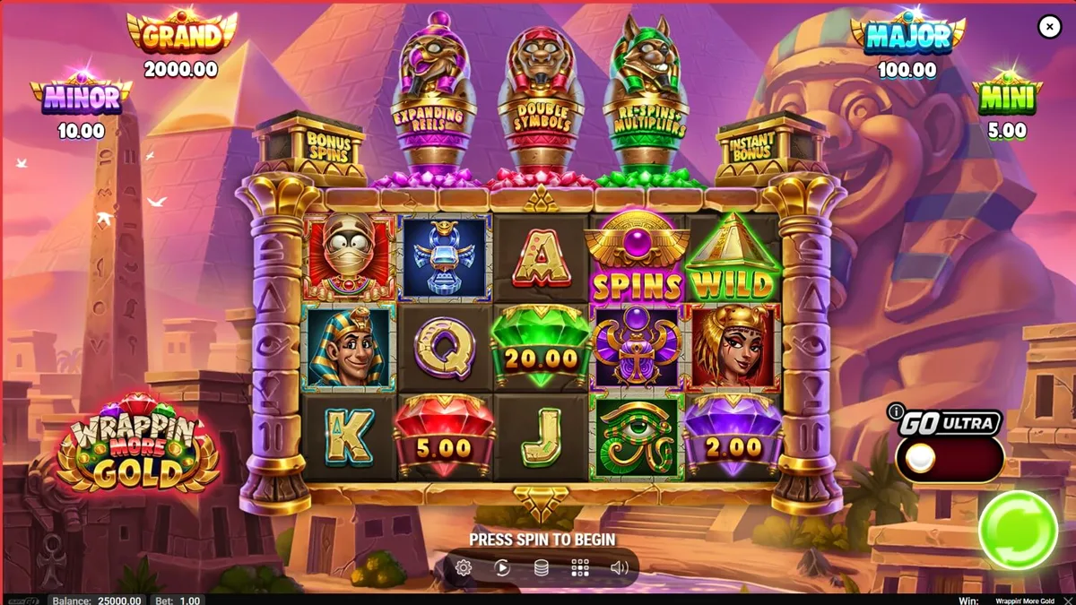 Tampilan visual karakter mumi yang ramah dalam permainan slot Wrappin’ More Gold