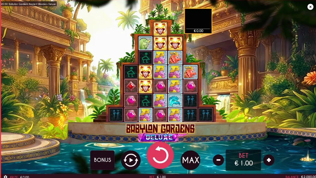 Tampilan layar permainan slot Babylon Gardens Ancient Wonders Deluxe di ponsel pintar